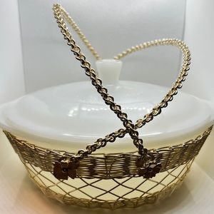 MCM Vintage Glasbake Casserole Dish with Lid & Gold Tone Holder from Japan EUC